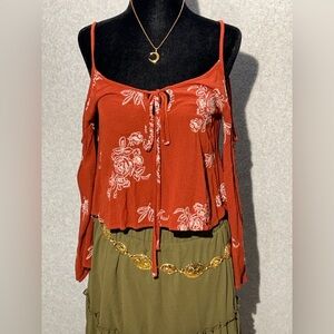 Small Brown Flowy, long sleeve cold shoulder Top‎ floral Summer Spring Boho